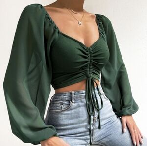 Green Sweetheart Ruched Long Bishop Lantern Sleeve Crop Top Blouse
